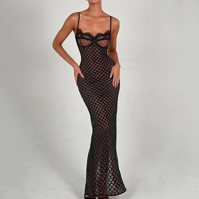 New Sexy Strap Tight Long Dress Fashion Lace Backless Split Dotted Dress