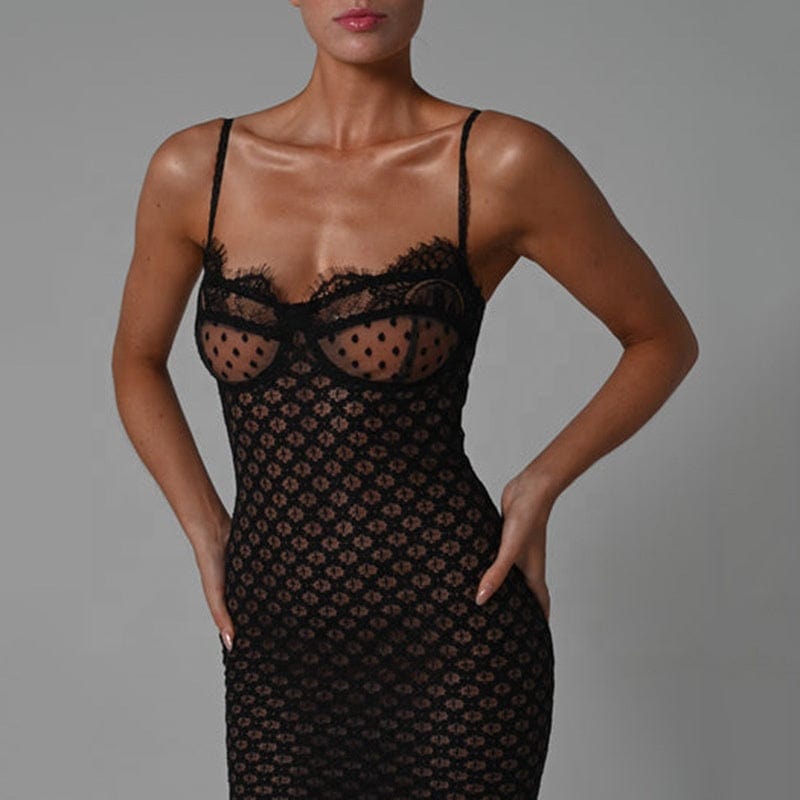 New Sexy Strap Tight Long Dress Fashion Lace Backless Split Dotted Dress