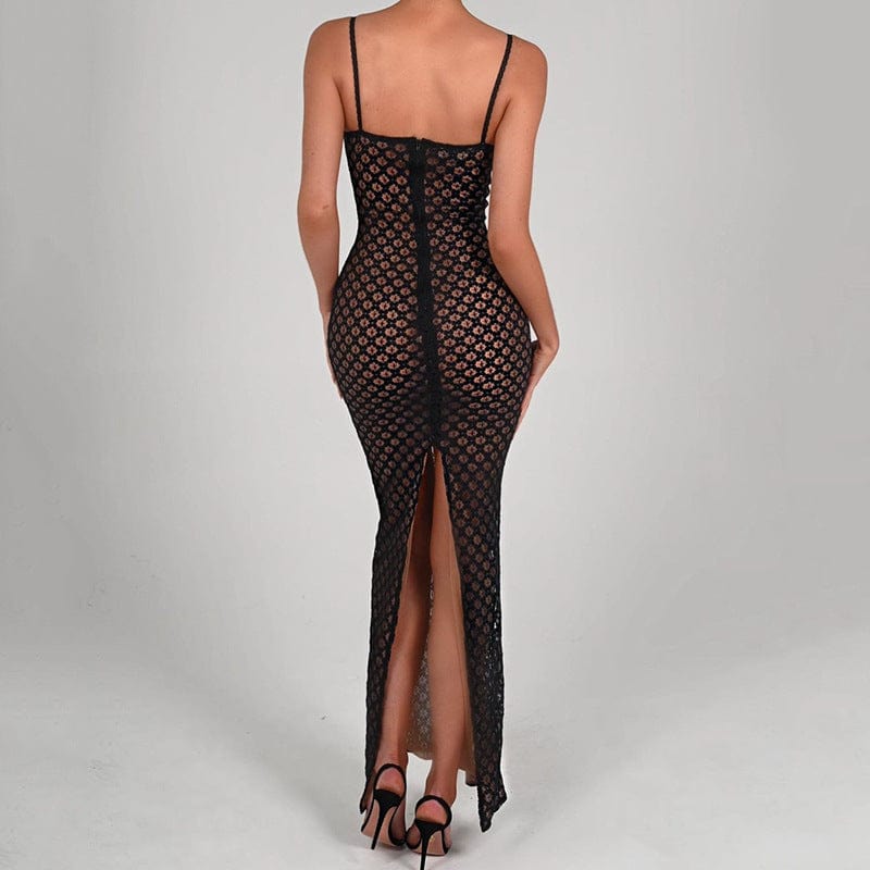 New Sexy Strap Tight Long Dress Fashion Lace Backless Split Dotted Dress