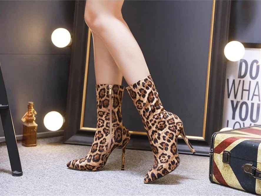 New sexy women pointed toe leopard print stiletto ankle boots high Heel Sexy Short Booties winter shoes