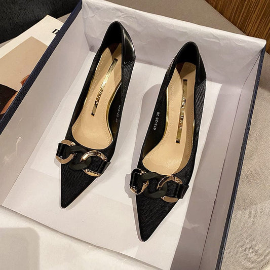 New Shallow Metal Chain Buckle Heeled Sandals for Women and Ladies Fashion Outdoor Work High Heel Pumps