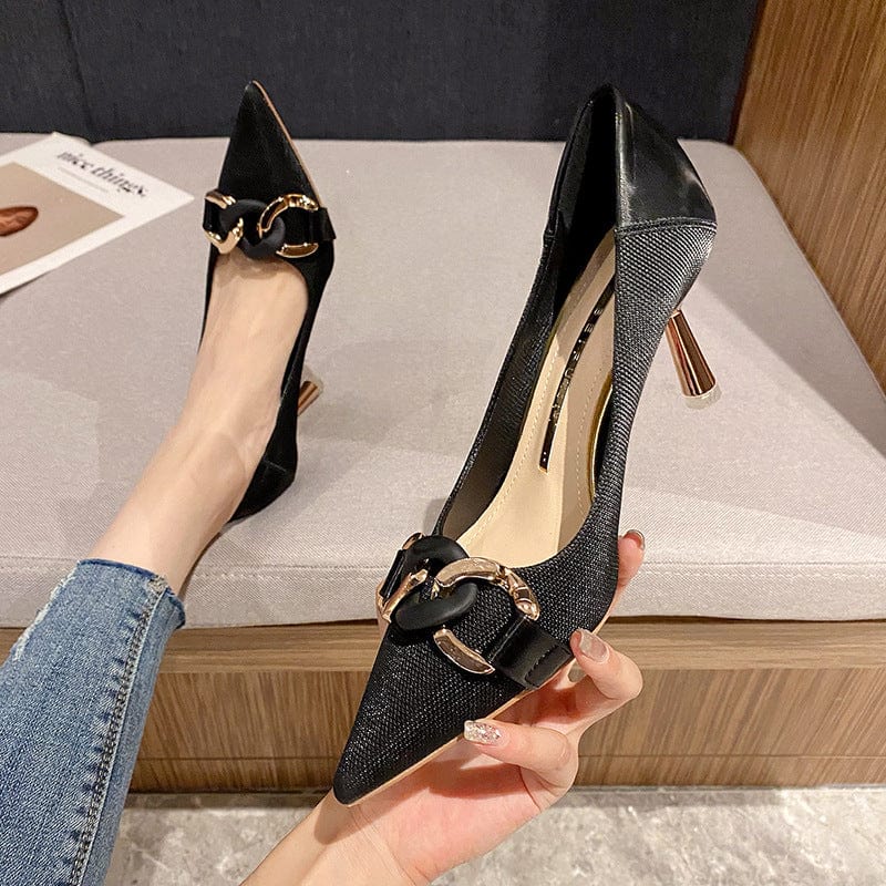 New Shallow Metal Chain Buckle Heeled Sandals for Women and Ladies Fashion Outdoor Work High Heel Pumps