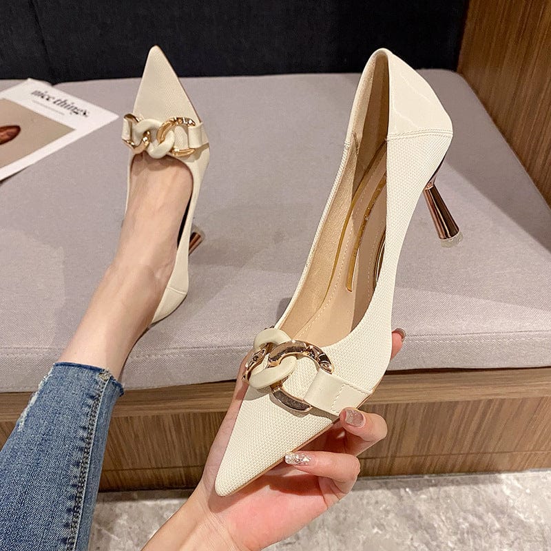 New Shallow Metal Chain Buckle Heeled Sandals for Women and Ladies Fashion Outdoor Work High Heel Pumps