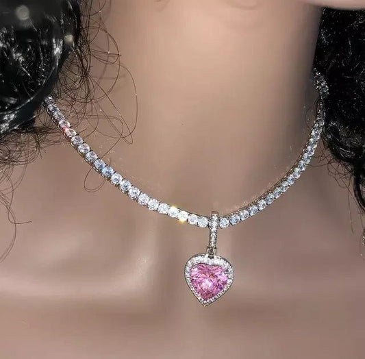 New Silver Plated 3mm Tennis Chain Heart Pendant Necklace Bling Iced Out Rainbow Cubic Zirconia Hip Hop Fashion  Women Jewelry