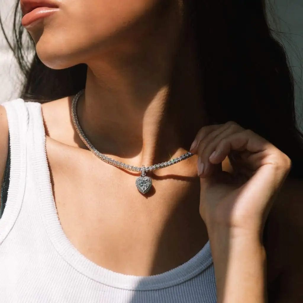 New Silver Plated 3mm Tennis Chain Heart Pendant Necklace Bling Iced Out Rainbow Cubic Zirconia Hip Hop Fashion  Women Jewelry