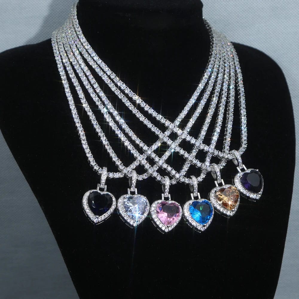 New Silver Plated 3mm Tennis Chain Heart Pendant Necklace Bling Iced Out Rainbow Cubic Zirconia Hip Hop Fashion  Women Jewelry