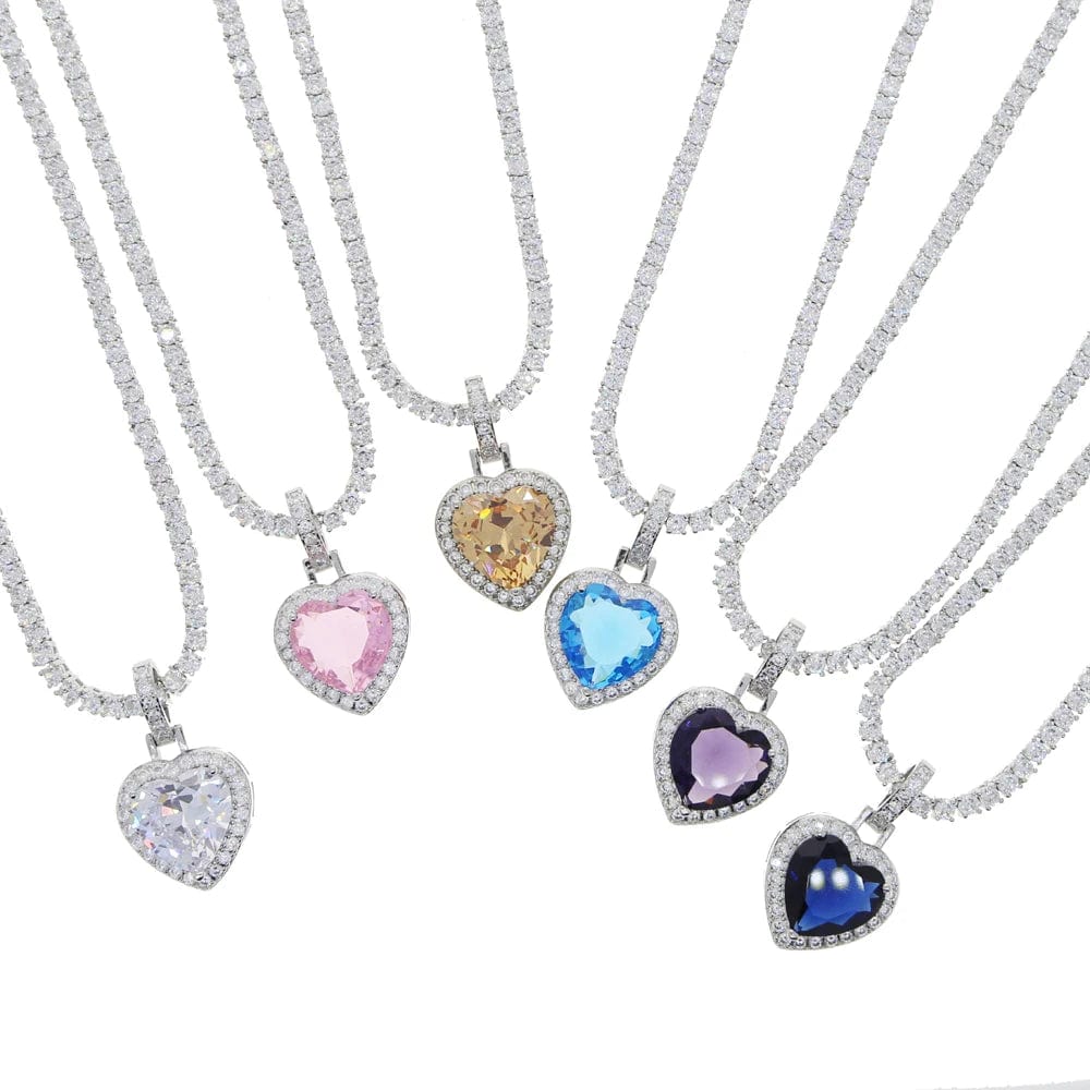 New Silver Plated 3mm Tennis Chain Heart Pendant Necklace Bling Iced Out Rainbow Cubic Zirconia Hip Hop Fashion  Women Jewelry