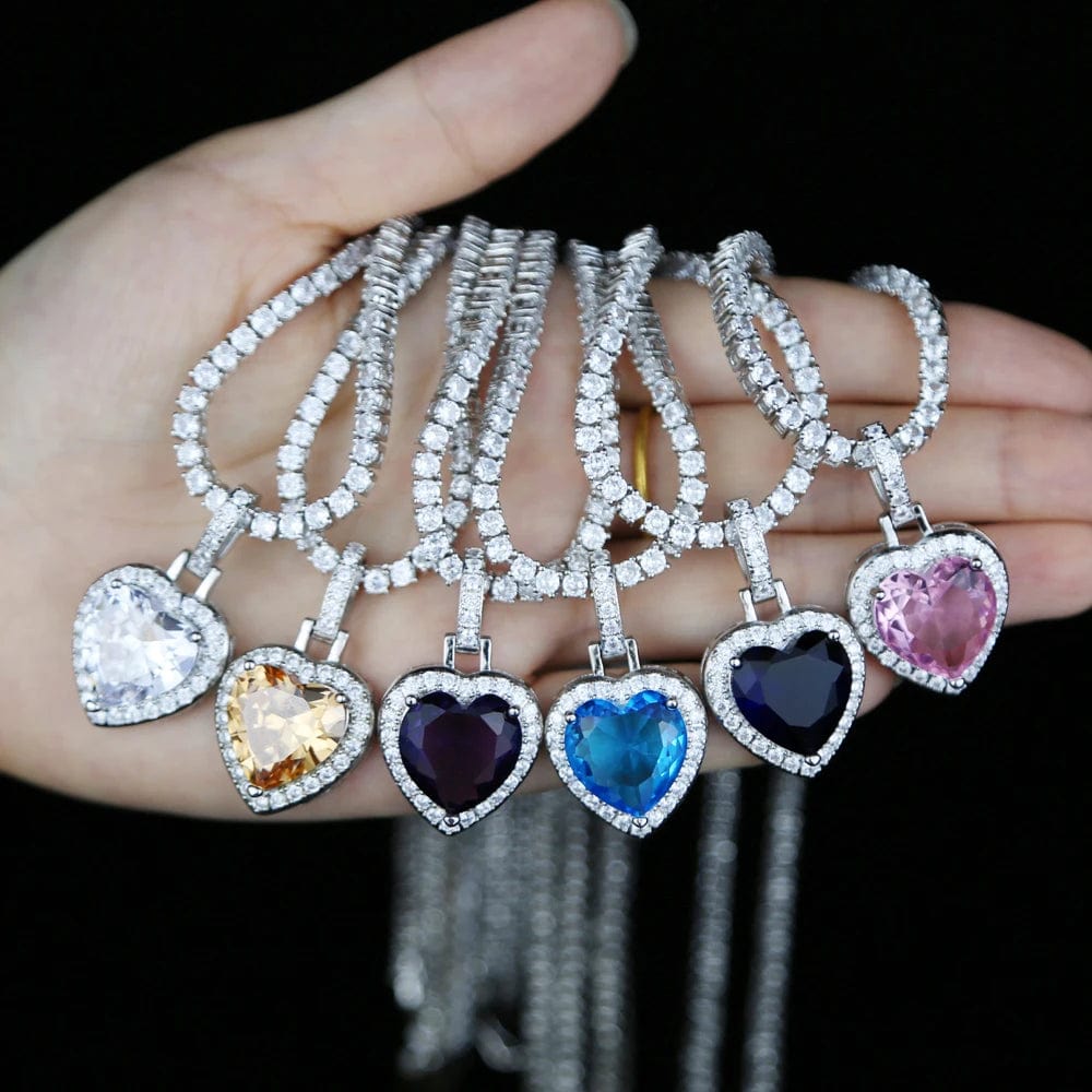 New Silver Plated 3mm Tennis Chain Heart Pendant Necklace Bling Iced Out Rainbow Cubic Zirconia Hip Hop Fashion  Women Jewelry