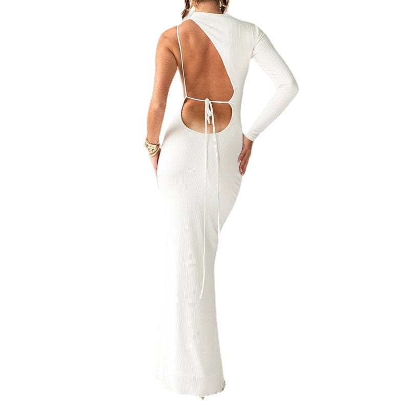 New Single Long Sleeve Sexy Backless Solid Color Diagonal Collar Pit Dresses Women's White Slim Party Long Dress