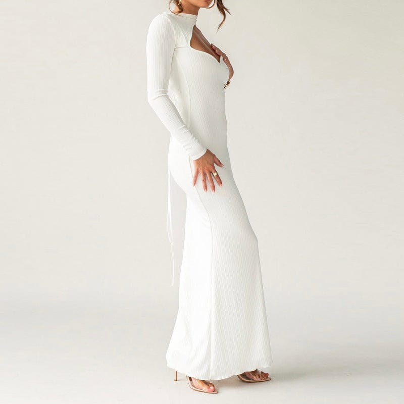 New Single Long Sleeve Sexy Backless Solid Color Diagonal Collar Pit Dresses Women's White Slim Party Long Dress