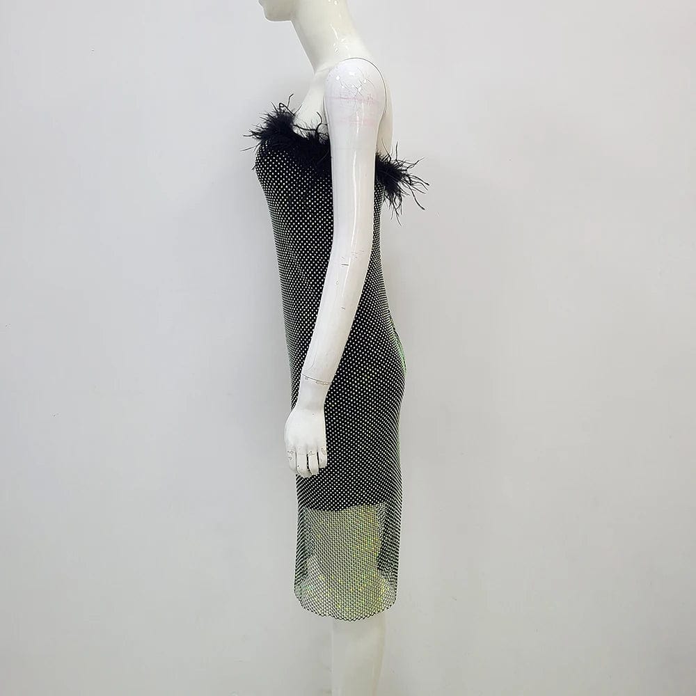 New Sleeveless Midi Feathers Bodycon Beading Sexy Elegant Celebrity Club Evening Party Dress