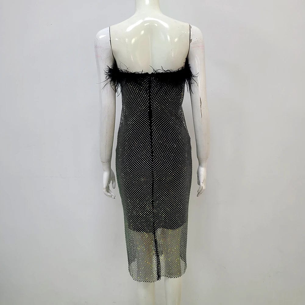 New Sleeveless Midi Feathers Bodycon Beading Sexy Elegant Celebrity Club Evening Party Dress