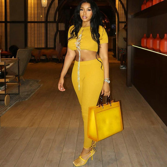 New solid color cardigan String T-shirt high waist tight trouser set for summer 2022