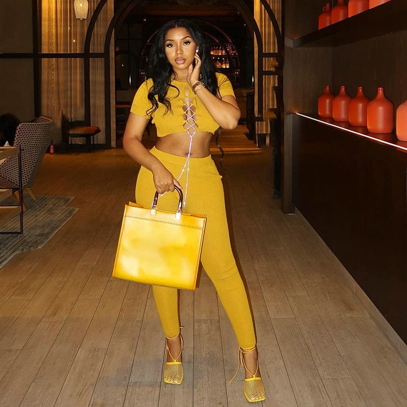 New solid color cardigan String T-shirt high waist tight trouser set for summer 2022