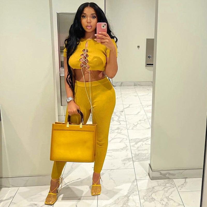 New solid color cardigan String T-shirt high waist tight trouser set for summer 2022