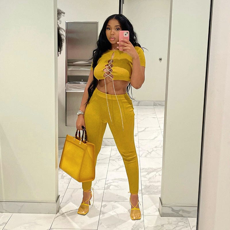 New solid color cardigan String T-shirt high waist tight trouser set for summer 2022