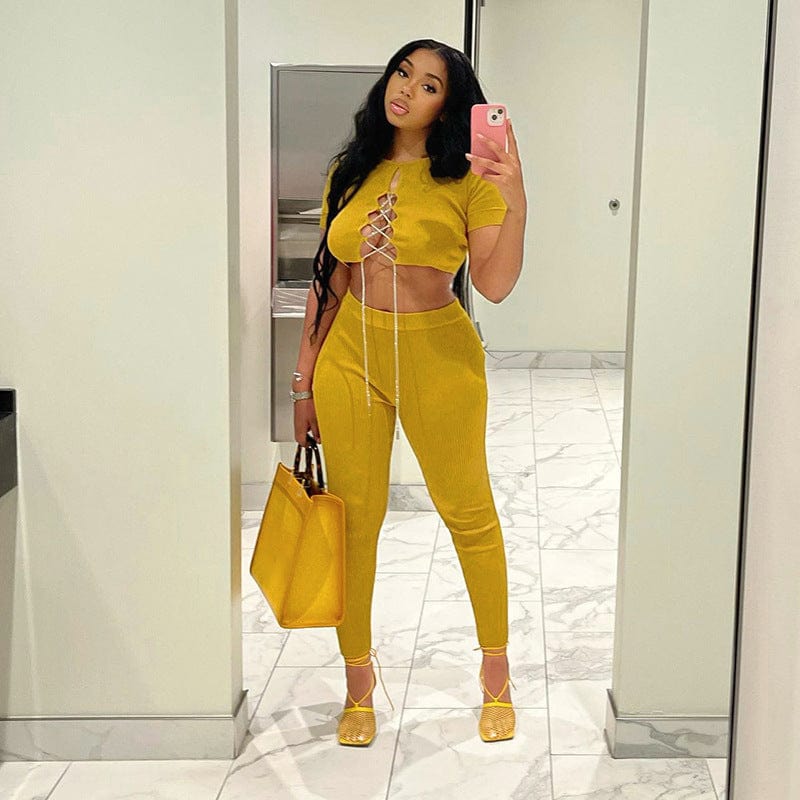 New solid color cardigan String T-shirt high waist tight trouser set for summer 2022