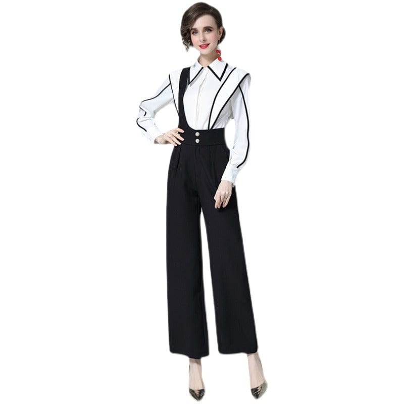 new spot temperament two-piece lantern sleeve shirt overalls wide-leg pants suit RY8670098