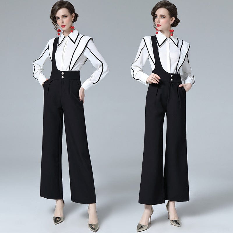 new spot temperament two-piece lantern sleeve shirt overalls wide-leg pants suit RY8670098