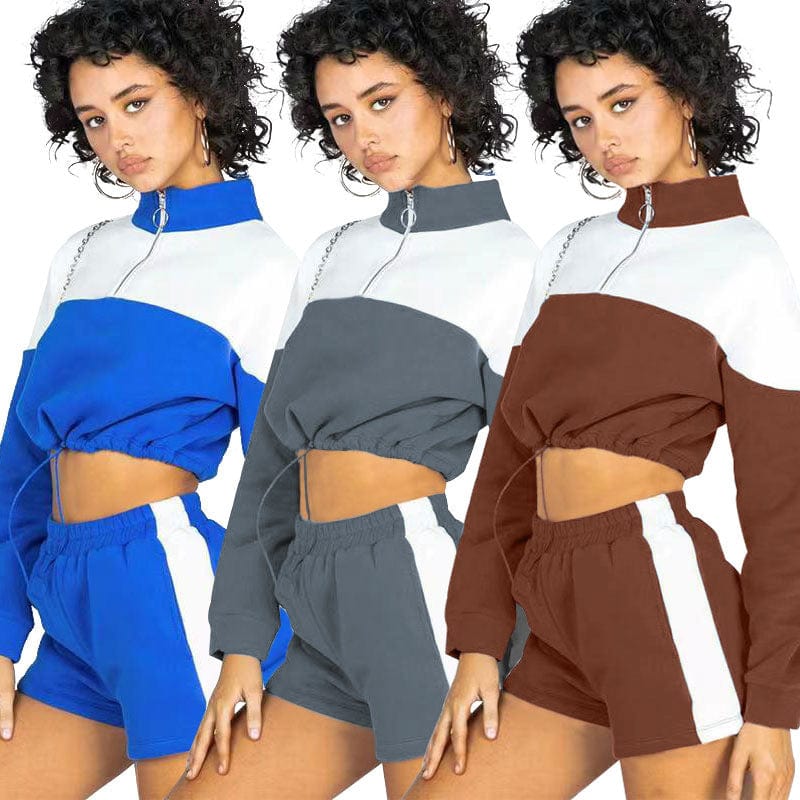 New Spring 2022 Women High Collar Custom Casual Sport Set Sweatshirt Jogger and Shorts Suit Stitching Design Shorts Set