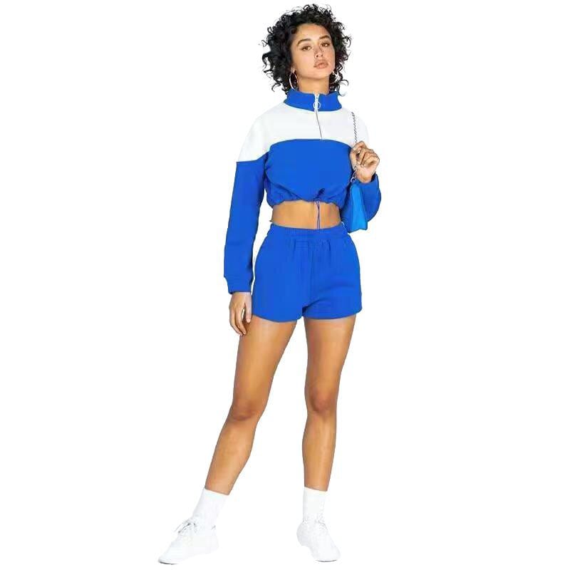 New Spring 2022 Women High Collar Custom Casual Sport Set Sweatshirt Jogger and Shorts Suit Stitching Design Shorts Set