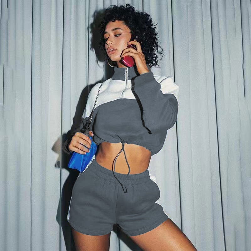 New Spring 2022 Women High Collar Custom Casual Sport Set Sweatshirt Jogger and Shorts Suit Stitching Design Shorts Set