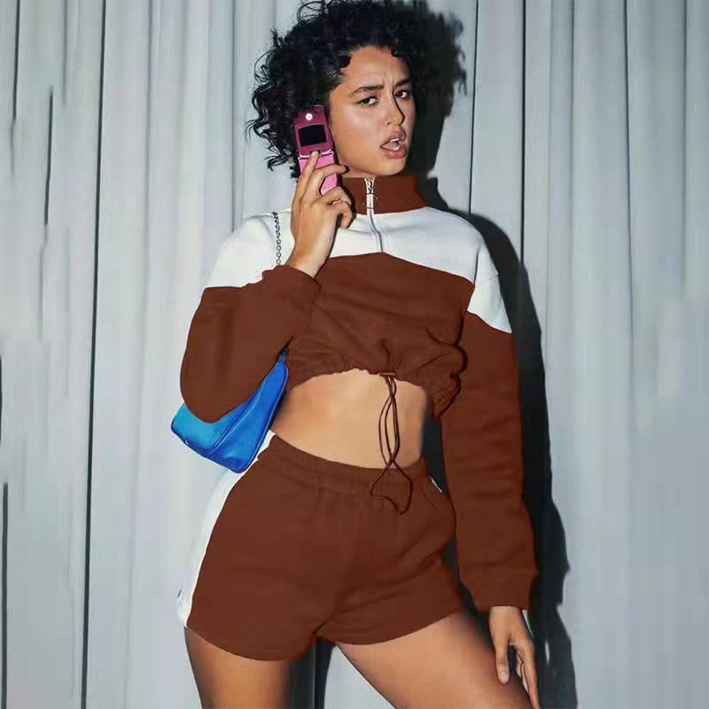 New Spring 2022 Women High Collar Custom Casual Sport Set Sweatshirt Jogger and Shorts Suit Stitching Design Shorts Set