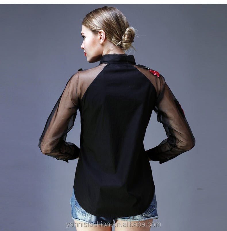 New spring and summer blouse blusa embroidered flowers organza long-sleeved white shirt black and white women tops Efu1022