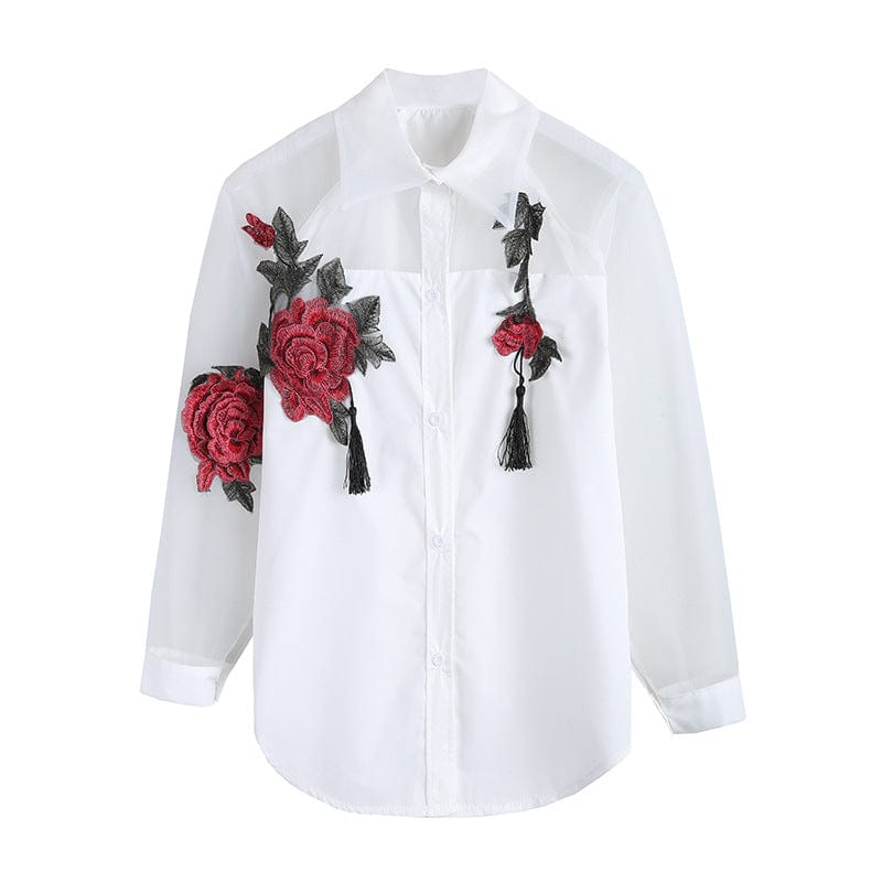 New spring and summer blouse blusa embroidered flowers organza long-sleeved white shirt black and white women tops Efu1022