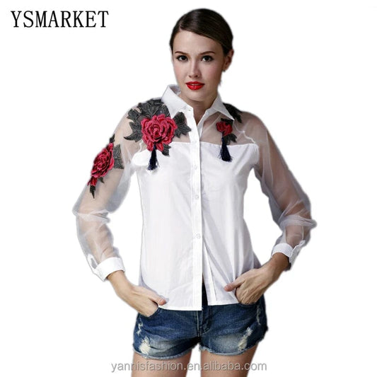 New spring and summer blouse blusa embroidered flowers organza long-sleeved white shirt black and white women tops Efu1022