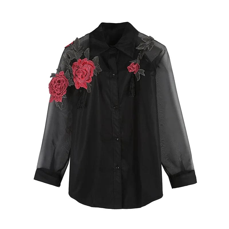 New spring and summer blouse blusa embroidered flowers organza long-sleeved white shirt black and white women tops Efu1022