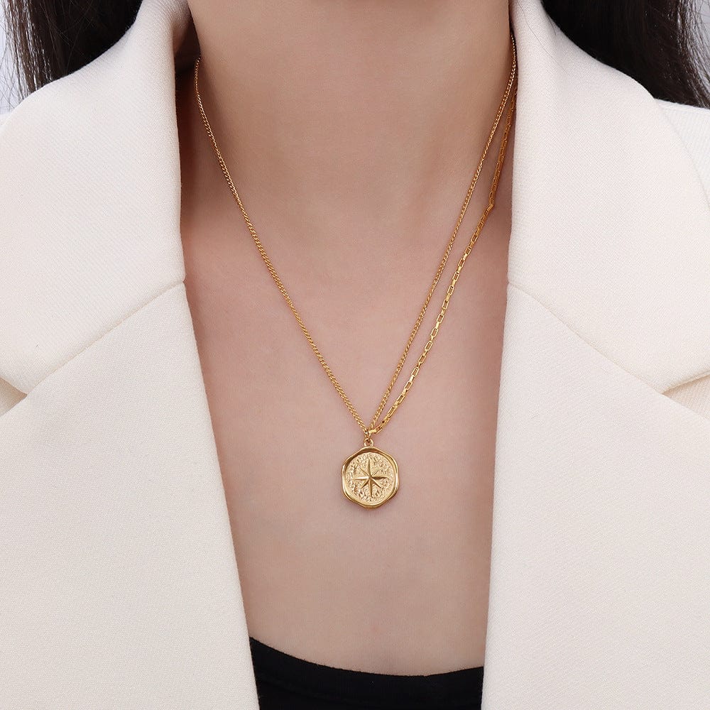 New Stainless Steel Gold Pendant Necklace For Women Girls Vintage Round Disc Star Shape Simple Necklace Jewelry Gift