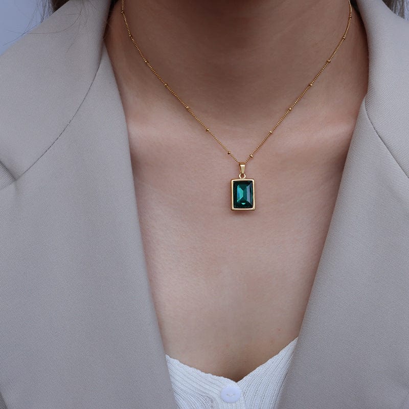 New Stainless Steel Zircon Stone Pendant Necklace Women Stylish Metal Red Green Color Square Collar Necklace Holiday Gift