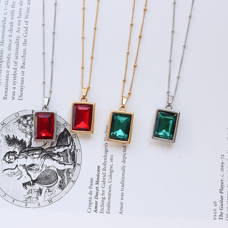 New Stainless Steel Zircon Stone Pendant Necklace Women Stylish Metal Red Green Color Square Collar Necklace Holiday Gift