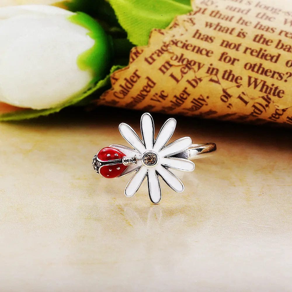 New Sterling Silver Jewelry Flower Ladybug Chrysanthemum Ring Female Personality Ring