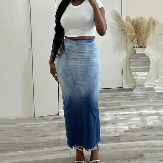 New Streetwear Fashion Ladies Casual Gradient Blue Denim Jean Long Maxi Skirt Unique Back Slit High Waist Women's Skirts