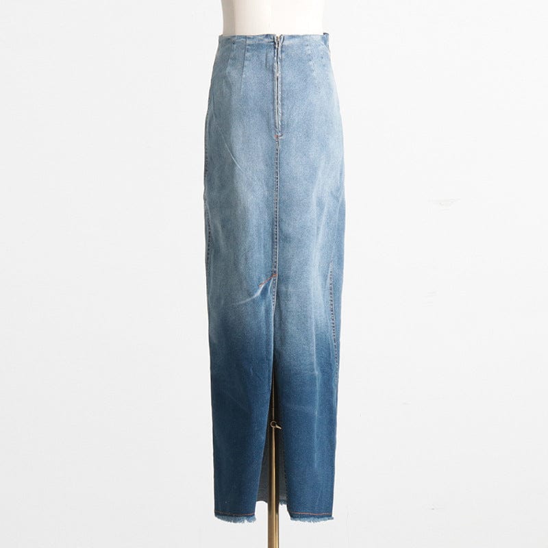New Streetwear Fashion Ladies Casual Gradient Blue Denim Jean Long Maxi Skirt Unique Back Slit High Waist Women's Skirts