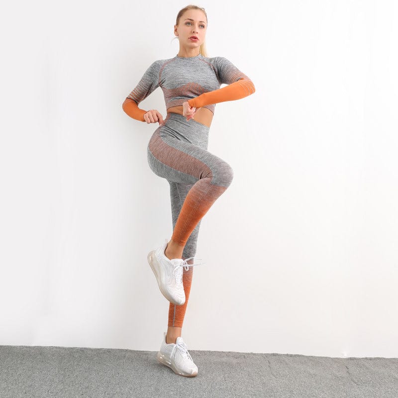 New Stripe Long Sleeve Seamless Knit Butt Lift Mesh High Waist Yoga Set Woman