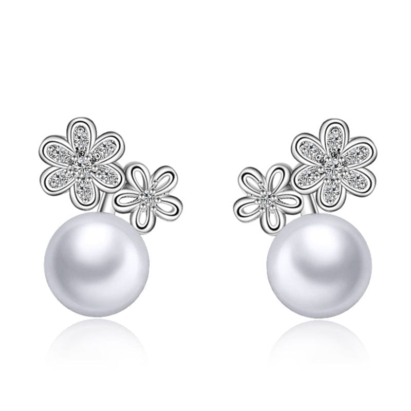 New Style Fashion Brand Jewelry Double Imitation Pearl Stud Earrings for Women Flower Zircon Inlaid Earrings