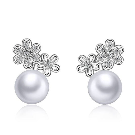 New Style Fashion Brand Jewelry Double Imitation Pearl Stud Earrings for Women Flower Zircon Inlaid Earrings
