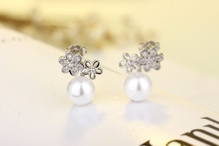 New Style Fashion Brand Jewelry Double Imitation Pearl Stud Earrings for Women Flower Zircon Inlaid Earrings