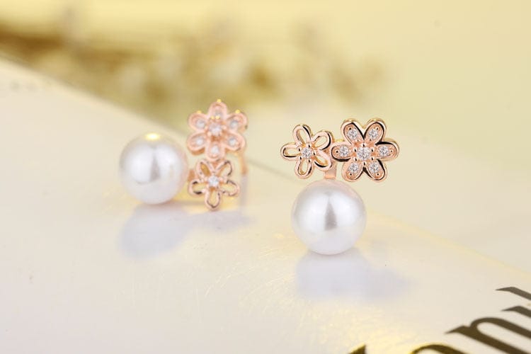New Style Fashion Brand Jewelry Double Imitation Pearl Stud Earrings for Women Flower Zircon Inlaid Earrings