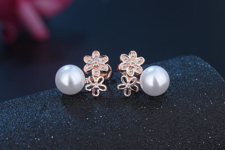 New Style Fashion Brand Jewelry Double Imitation Pearl Stud Earrings for Women Flower Zircon Inlaid Earrings