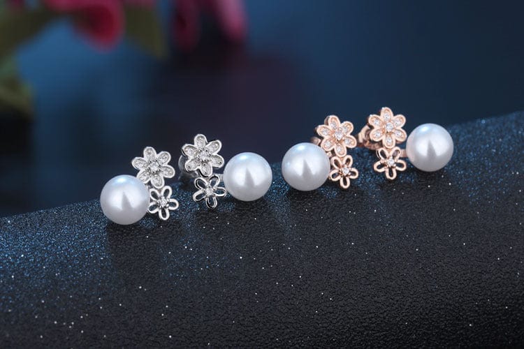New Style Fashion Brand Jewelry Double Imitation Pearl Stud Earrings for Women Flower Zircon Inlaid Earrings