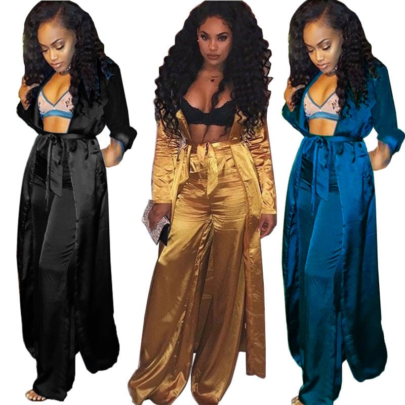 new style hot sell pure color two piece wide leg pants set silk robe cardigan jacket matching straight trousers 2 piece outfits