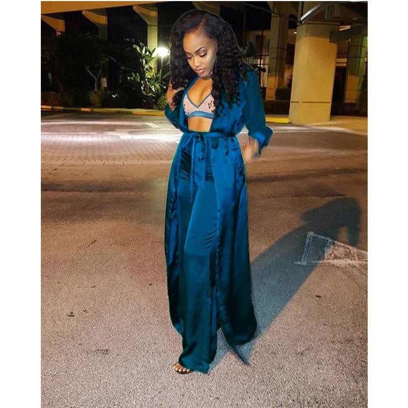 new style hot sell pure color two piece wide leg pants set silk robe cardigan jacket matching straight trousers 2 piece outfits