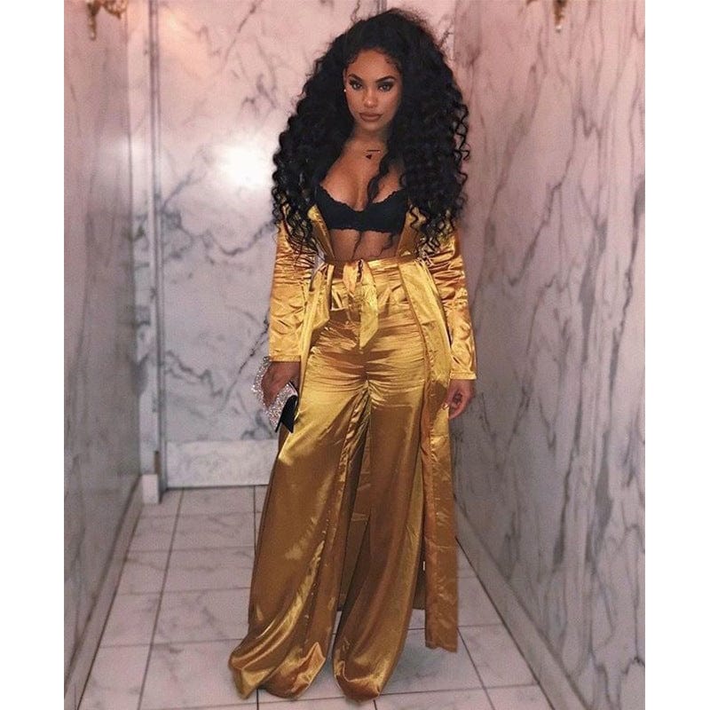 new style hot sell pure color two piece wide leg pants set silk robe cardigan jacket matching straight trousers 2 piece outfits