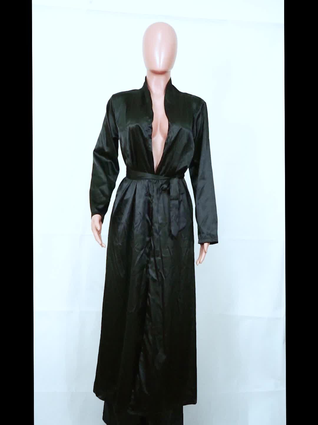 new style hot sell pure color two piece wide leg pants set silk robe cardigan jacket matching straight trousers 2 piece outfits