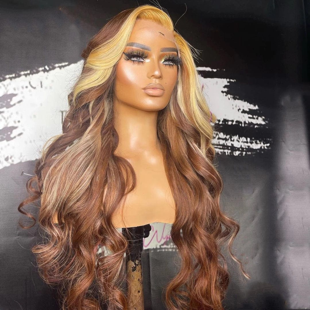 New Style Long Highlight Brown And Blonde Color Pre Plucked Real Raw Human Hair 13*4 Swiss Lace Front Wigs