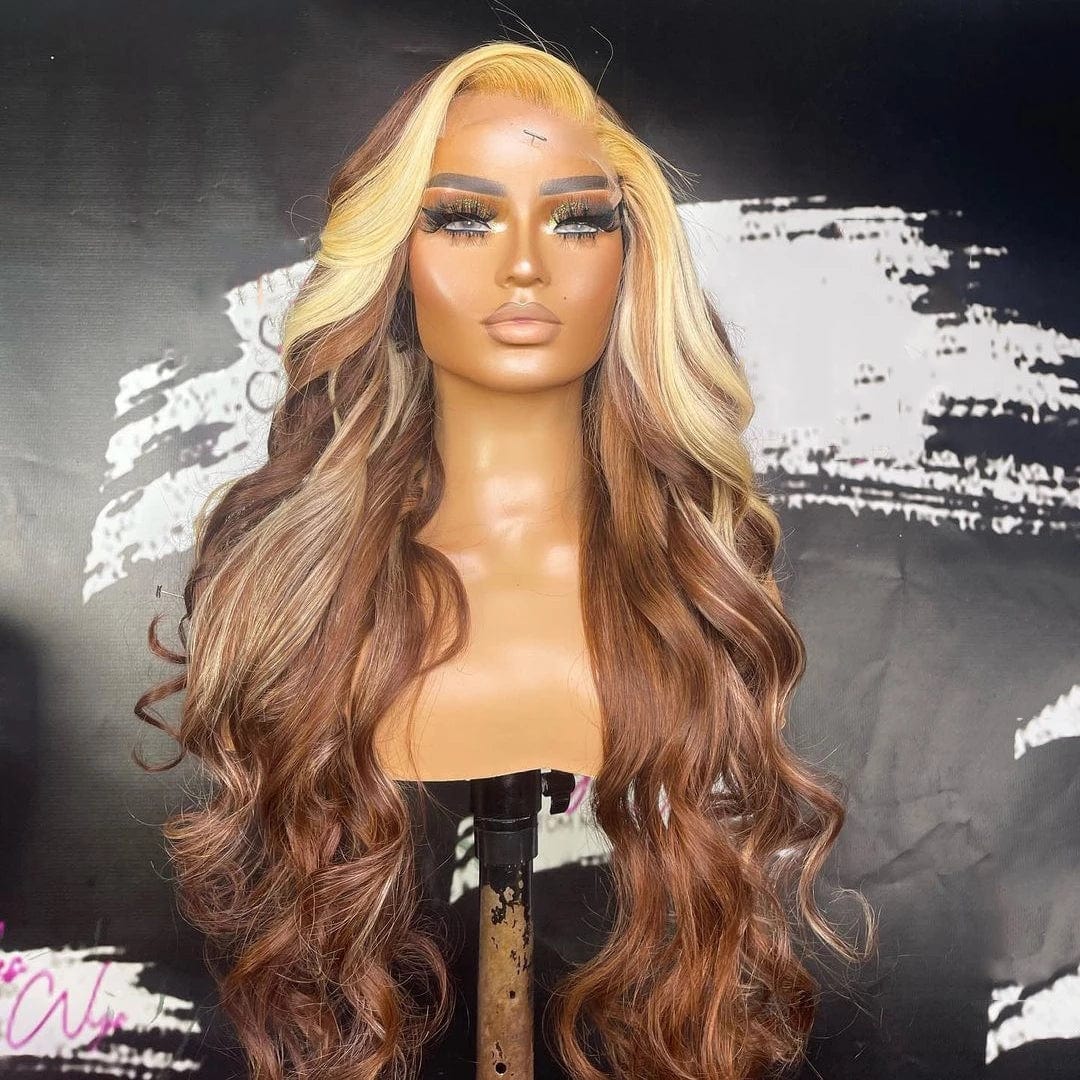 New Style Long Highlight Brown And Blonde Color Pre Plucked Real Raw Human Hair 13*4 Swiss Lace Front Wigs